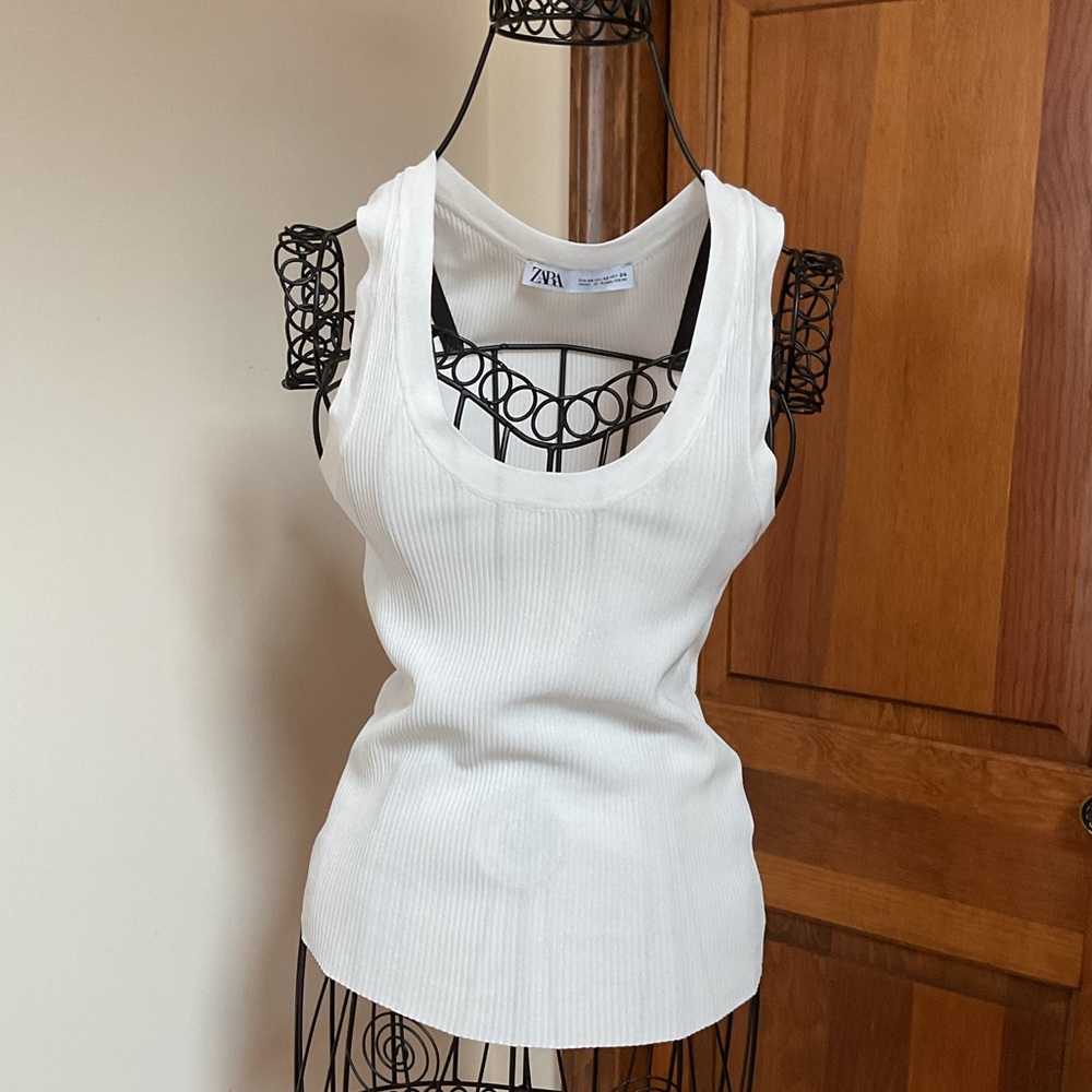 Zara White Ribbed Tank Top XS
